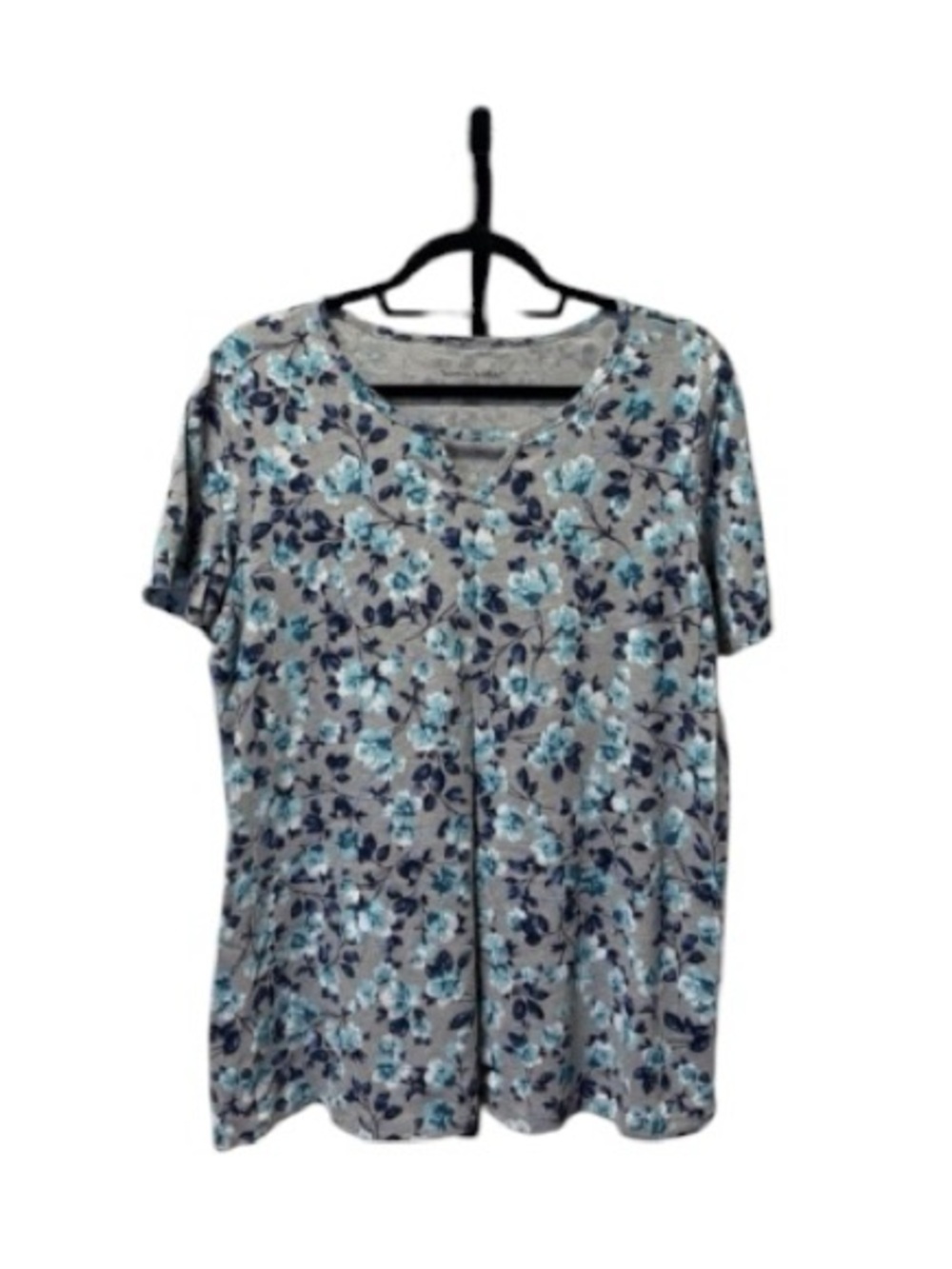 Woman Within Gray Floral Short Sleeve Tee with Blue Flowers